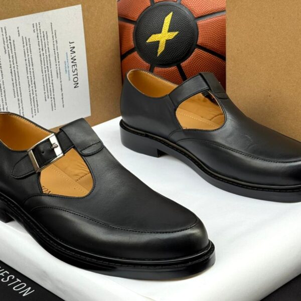 J.M. Weston Salomé T-Bar Sandals – Black Calfskin Leather