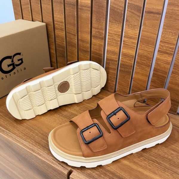 Men’s Leather-Look Sandals – Brown with White Sole & Black Buckles