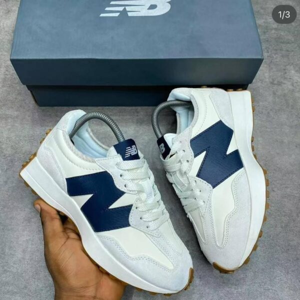 New Balance 327 Sneakers – White & Navy with Gum Sole