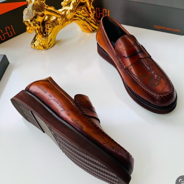 OGGI Script-Patterned Leather Penny Loafers – Brown
