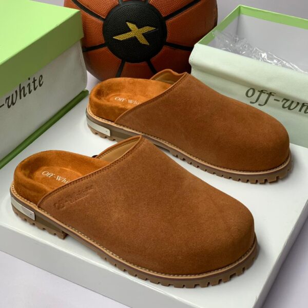 Off-White Metal Logo Suede Round Toe Clogs – Brown