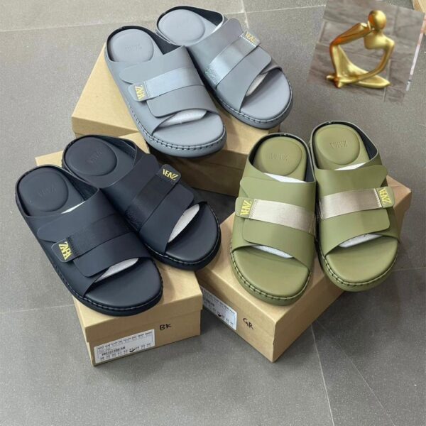 Zara Hook-and-Loop Strap Slides – Black, Grey & Olive Green