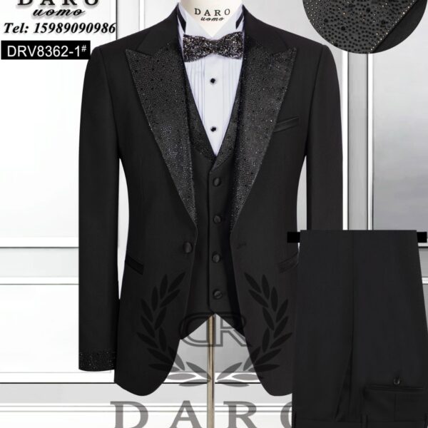 Black 3-Piece Embellished Shawl Lapel Tuxedo Suit