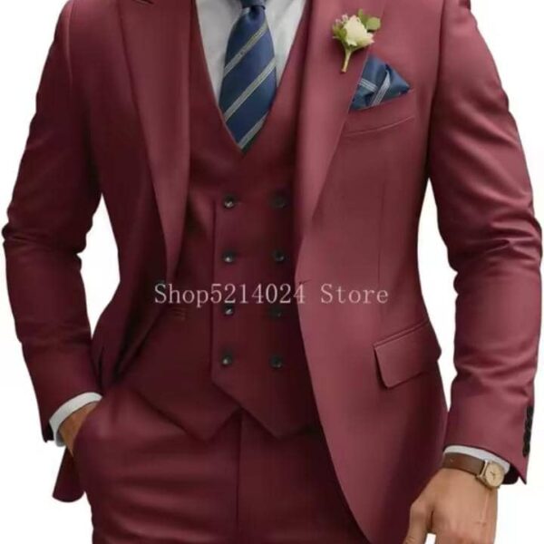 Burgundy 3-Piece Slim-Fit Suit with Double-Breasted Vest