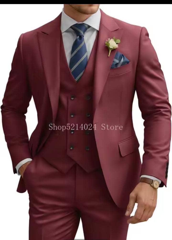 Burgundy 3-Piece Slim-Fit Suit with Double-Breasted Vest Burgundy 3-Piece Slim-Fit Suit with Double-Breasted Vest