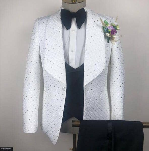 Ivory White Jacquard Shawl Lapel Tuxedo Suit