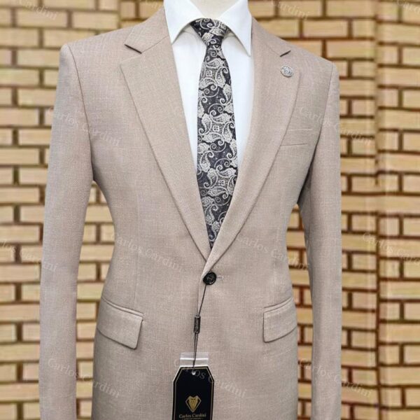 Carlos Cardini Mens Beige Textured Single Button Blazer With White Dress Shirt
