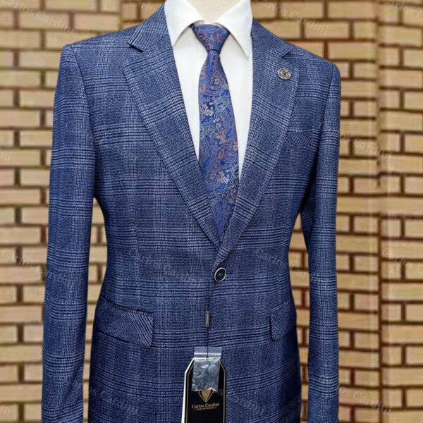 Carlos Cardini Mens Blue Checkered Single Button Blazer