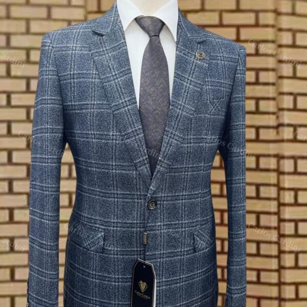 Carlos Cardini Mens Blue Grey Plaid Formal Blazer