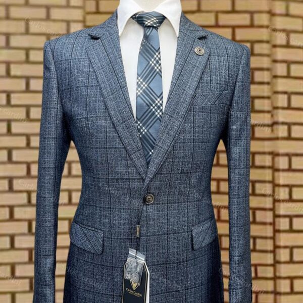 Carlos Cardini Mens Blue Patterned Plaid Two Button Blazer With Plaid Tie