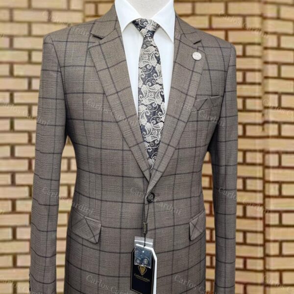 Carlos Cardini Mens Brown Checkered Wool Blend Blazer With White Dress Shirt