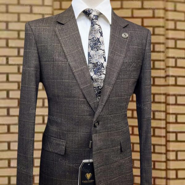 Carlos Cardini Mens Brown Plaid Single Button Blazer With White Dress Shirt