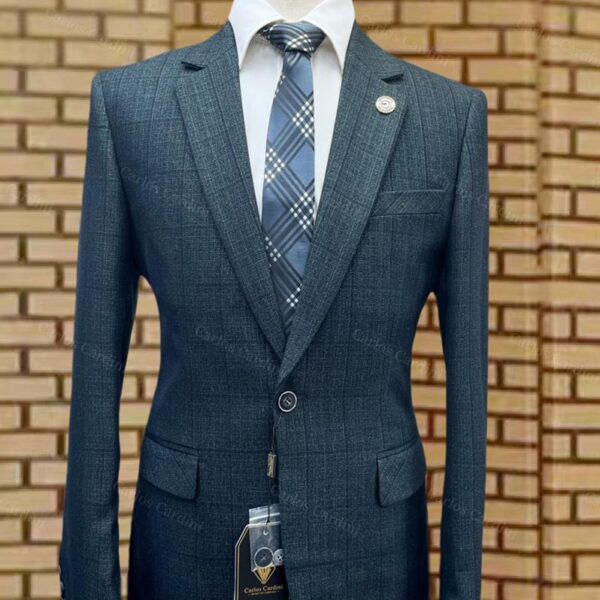 Carlos Cardini Mens Dark Teal Blue Checked Blazer With White Dress Shirt