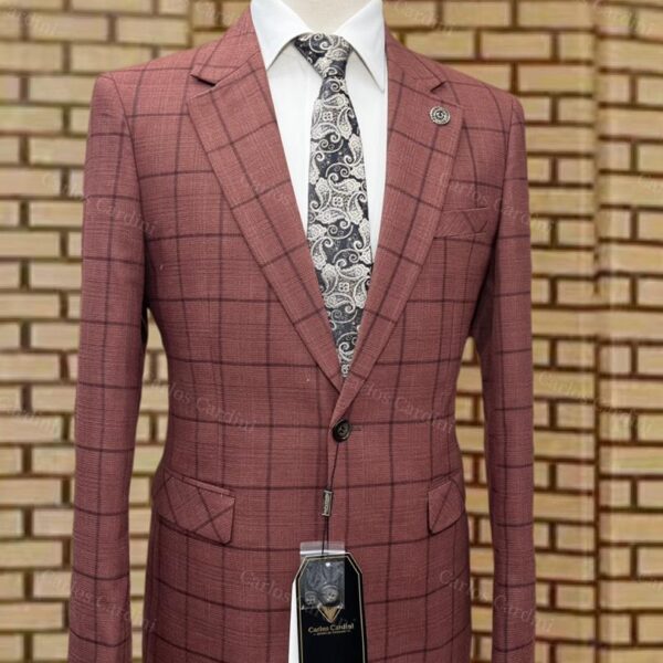 Carlos Cardini Mens Maroon Brick Red Windowpane Checked Single Button Blazer