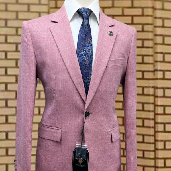Carlos Cardini Mens Pink Slim Fit Blazer With White Dress Shirt And Blue Patterned Tie