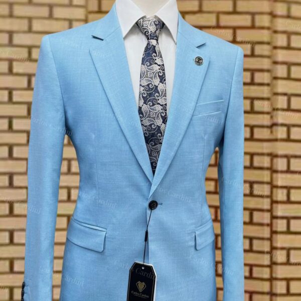Carlos Cardini Mens Sky Blue Slim Fit Single Button Blazer With Paisley Tie